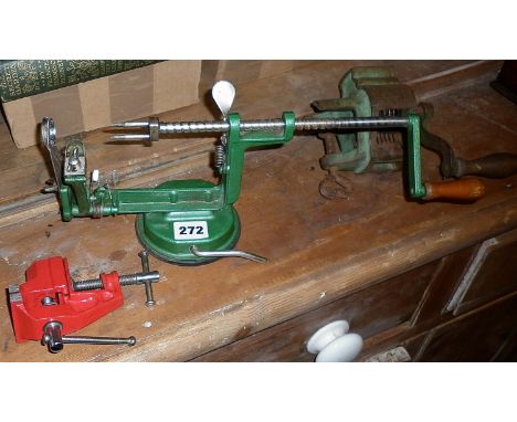 Patent apple peeler, corer and slicer machine, metal bean slicer and a small table vice