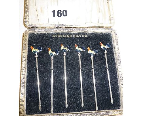 Cased sterling silver and enamel cocktail skewers or sticks with cockerel finials