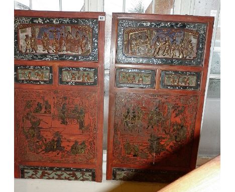 Pair of 19th c. Chinese carved, gilded and lacquered wood panels, with mother-of-pearl inlay, 90cm x 50cm