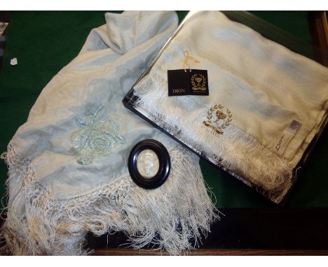 Vintage embroidered silk piano shawl, another Italian silk shawl in box (Dion), and a small religious diorama