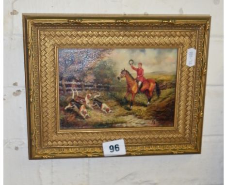 Small gilt framed oleograph of a huntsman and hounds