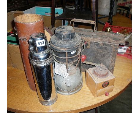 Old ammunition box, Tilley lamp and a chrome plated Thermos Flask in leather case