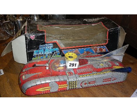 Vintage tin plate battery operated space ship jet car with compressed air jet for balls and lights