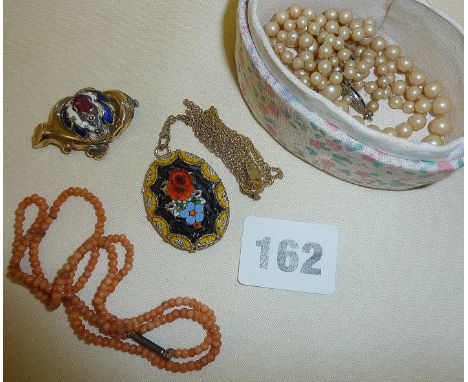 Antique coral necklace, gold and enamel brooch set with a red stone, micro-mosaic pendant and other jewellery
