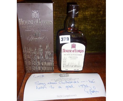 Vintage boxed bottle of House of Lords whisky with accompanying signed note from Lord Westwood
