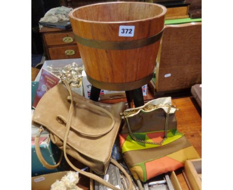 1950's teak planter on Dansette legs, together with vintage suede and silk handbags