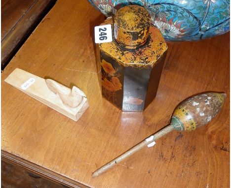 Painted Indian rattle, lacquered paper mache tea caddy and doorstop