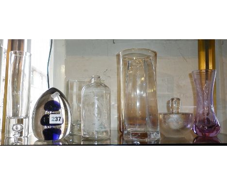 Shelf of Art Glass, inc. amethyst Caithness vase engraved with a thistle, vintage large glass dump paperweight, etc.