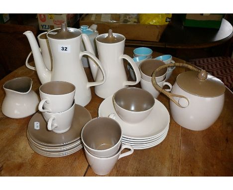1960's Poole pottery Twintone (mushroom and sepia) tea set with biscuit barrel and similar in blue and grey