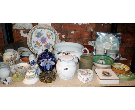 Shelf of assorted china and pottery, inc. Carlton Ware lidded box, lidded ginger jar and other pieces