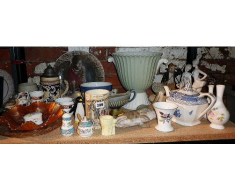 Shelf of assorted china inc. Crown Devon "Cries of London" pot etc.