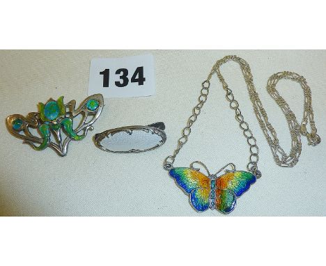 Arts &amp; Crafts style silver and enamel brooch, 925 silver and enamel butterfly necklace and Russian guilloche enamel and s