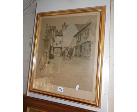 A Cecil ALDIN print of a town scene with figures and horses, signed lower left in pencil, with Art Union blind stamp, 19" x 1