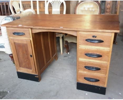 Art Deco light oak kneehole pedestal desk