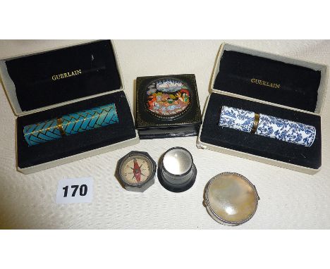 Vintage Guerlain boxed perfume atomisers - Mitsouko and Parure, Russian painted lacquer box, compass etc.