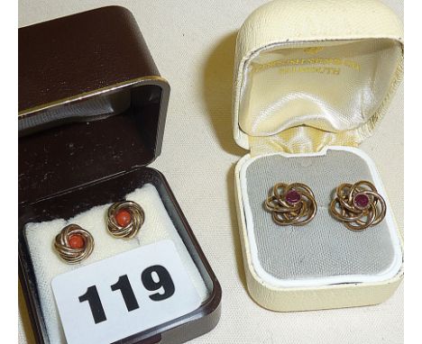 Two pairs of 9ct gold earrings set with coral and ruby