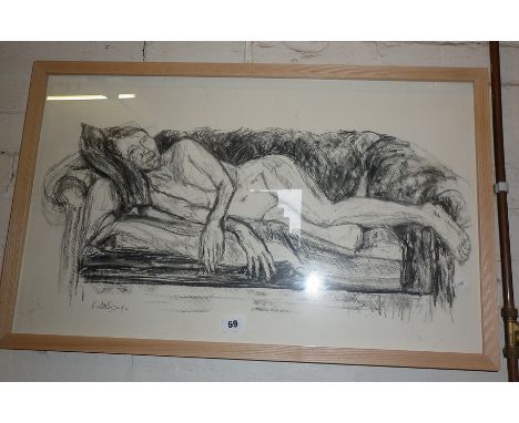 Life study of reclining nude on a Chesterfield sofa by Kath Scogin