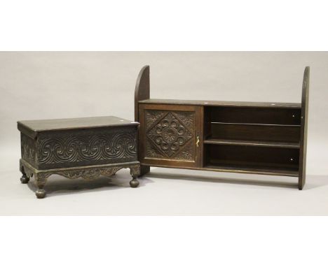 A Victorian Carolean Revival oak box, the hinged lid enclosing a tin liner, height 37cm, width 60cm, depth 44cm, together wit