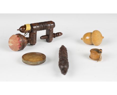 A 19th century rosewood needlework clamp with integral pin cushion and acorn tape measure, length 12cm, a 19th century French