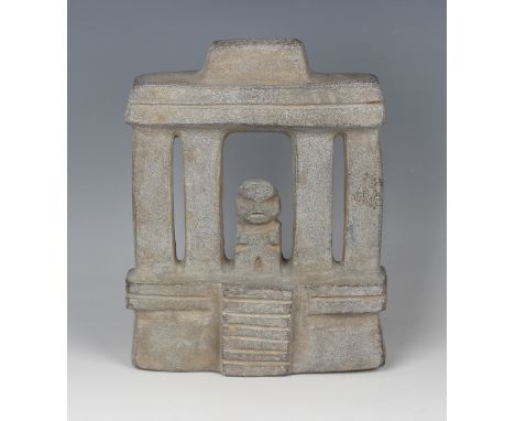 A pre-Columbian Mezcala style carved grey hardstone model of a temple, probably 700-300 BC, modelled with central figure, hei