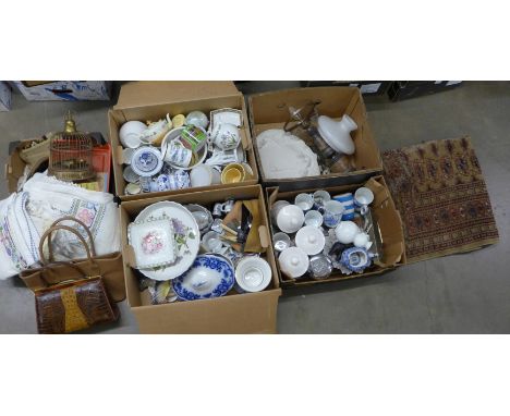 Five boxes of mixed china and household items including table lamp, rug, bird cage**PLEASE NOTE THIS LOT IS NOT ELIGIBLE FOR 