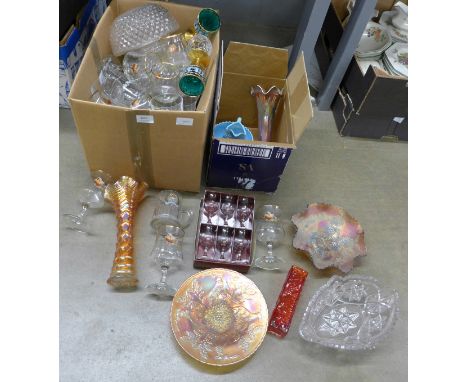 A collection of glassware including a pheasant decorated drinks set, carnival glass, two ceiling light shades, etc. **PLEASE 