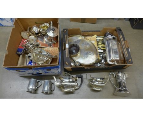 Two boxes of mixed silver plate, tea services, flatware, trays, candlesticks, wine coaster and other metalwares **PLEASE NOTE