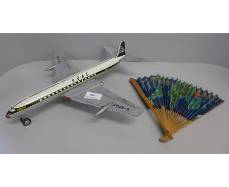 A tin plate BOAC Comet 4 airliner, Made in Great Britain and a BOAC fan 