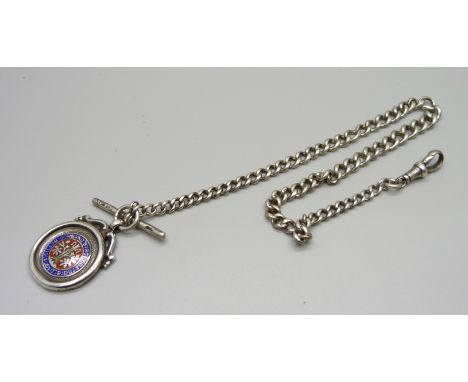 A silver Albert chain with graduated links and an enamel fob, 34g 