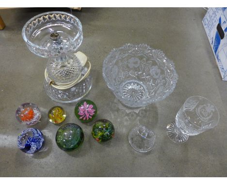 A cut glass bowl , goblet, lamp and six glass paperweights **PLEASE NOTE THIS LOT IS NOT ELIGIBLE FOR POSTING AND PACKING** 