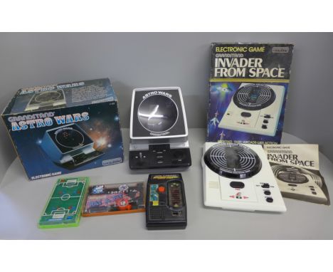 A Grandstand Astro Mars game, Grandstand Invader From Space game, Mattel Battlestar Galactica and two other vintage games 