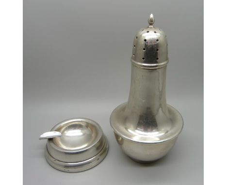 A silver sugar shaker, 142g and a silver ashtray 