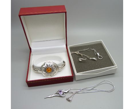 A silver and amber set bangle, a Kit Heath silver pendant on chain and other silver jewellery 