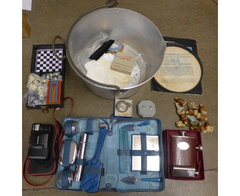 Assorted items; jam pan, compacts, Wade Whimsies, camera, travel set, an H. Samuel hip flask and games compendium **PLEASE NO