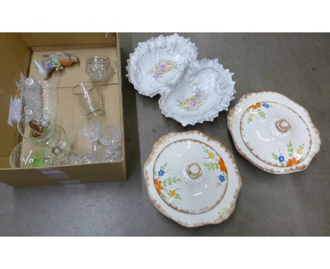 Two tureens, four sherry glasses, a glass cruet set, a Wade Whimsies dog, etc. **PLEASE NOTE THIS LOT IS NOT ELIGIBLE FOR POS