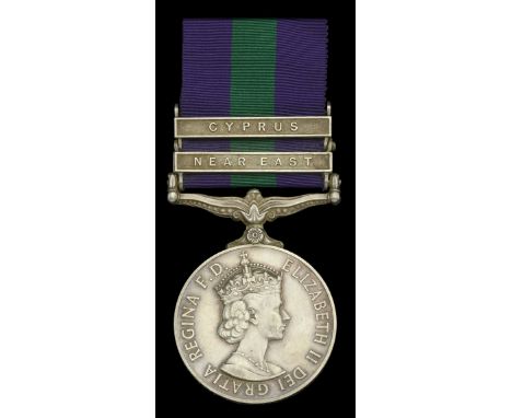 General Service 1918-62, 2 clasps, Near East, Cyprus, unofficial retaining rod between clasps (23292482 Pte. R. Martin. Para.