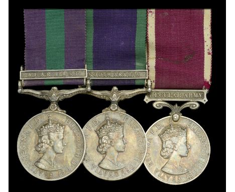 Three: Staff Sergeant R. J. Mogg, Royal Engineers  General Service 1918-62, 1 clasp, Near East (21128723 Cpl. R. J. Mogg. R.E