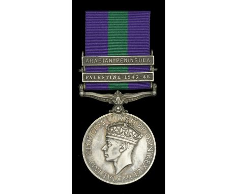 General Service 1918-62, 2 clasps, Palestine 1945-48, Arabian Peninsula, unofficial retaining rod between clasps (14118881 Pt