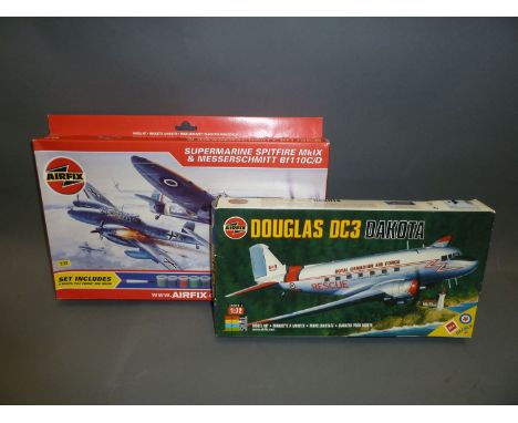 2 Airfix 1-72 scale plastic model kits: Supermarine spitfire MkIX & Messerschmitt BF1 10C/D and a Douglas DC3 dakota