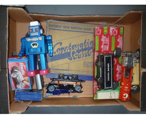 A box of tinplate toys, vintage windup robot, boxed British Constructional Series set etc 