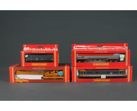 A Hornby Railways operating crane (R.749), BR Bo-Bo electric Class 86 Intercity locomotive (R.289), Hornby Railways Esso 100 