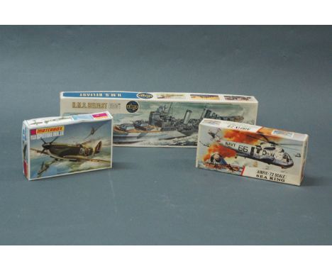 3 boxed airfix plastic model kits including HMS Belfast 1-600, Sea King helicopter 1-72 and a Spitfire M K. I X 1-72