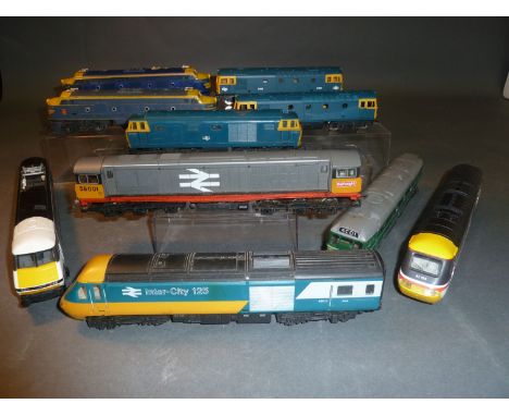 A box of 9 model diesel locomotives & 1 Coach (Lima, Triang, Hornby) 