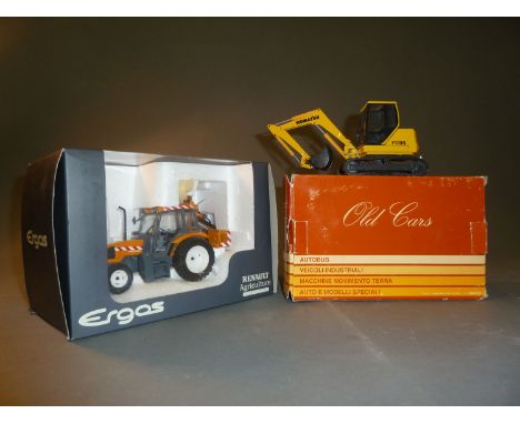 A boxed Renault Ergos Agriculture 1-32 scale tractor with loader and a boxed Old Cars Komatsu PC95 excavator digger