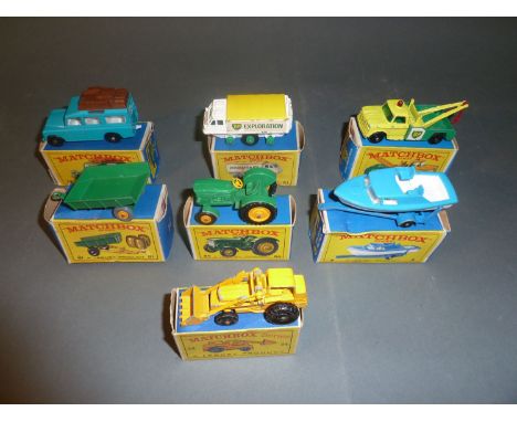 7 matchbox 1-75 series boxed models; trailer (51), Alvis Stalwart (61), Tractor (50), Dodge wreck truck (13), Cabin Cruiser a