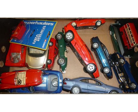 A box of large scale diecast cars including Burago, Vipa, Maisto, Lamborghini, etc