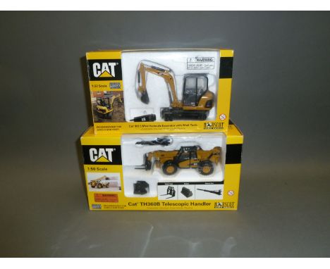 2 boxed Norscot construction vehicles - a CAT TH360B Telescopic handler, 1-50 and a CAT 302.5 mini hydraulic excavator with w