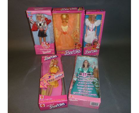 5 boxed Barbie Dolls: Walt Disney World Barbie, Peaches 'n Cream Barbie, Princess and The Pea Barbie, Barbie Friends Club, My