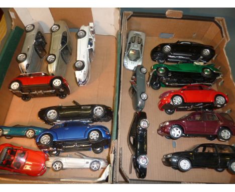 2 boxes of large scale diecast cars including mini, beetles etc