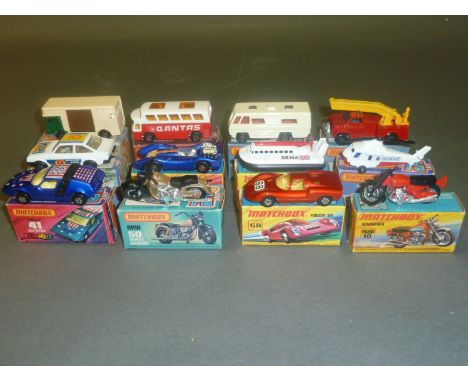 A collection of boxed Matchbox vehicles: Siva Spyder (41), hovercraft (72), snorkel fire engine (13), Horsebox (40), Hondaror